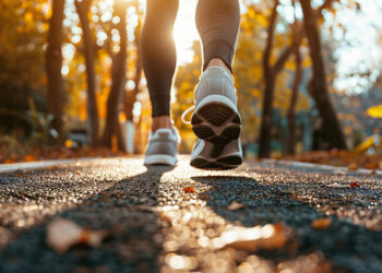 Womans trainers on jog on forest path